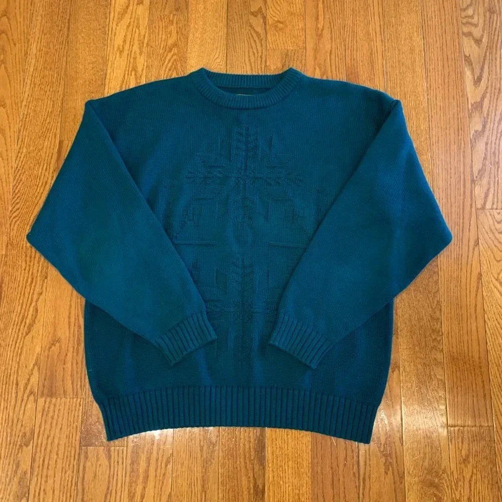 Vintage 90s Eddie Bauer Mens Large 100% Cotton Knit Dad Sweater Green